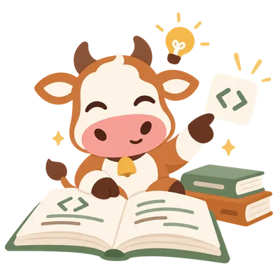 The appmarket.org cow reading a book of code, with a light bulb overhead.
